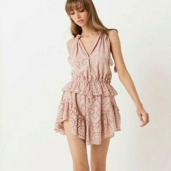 Spell & The Gypsy Pink Eyelet Tiered Halter Mini Dress Size S - Picture 4 of 10